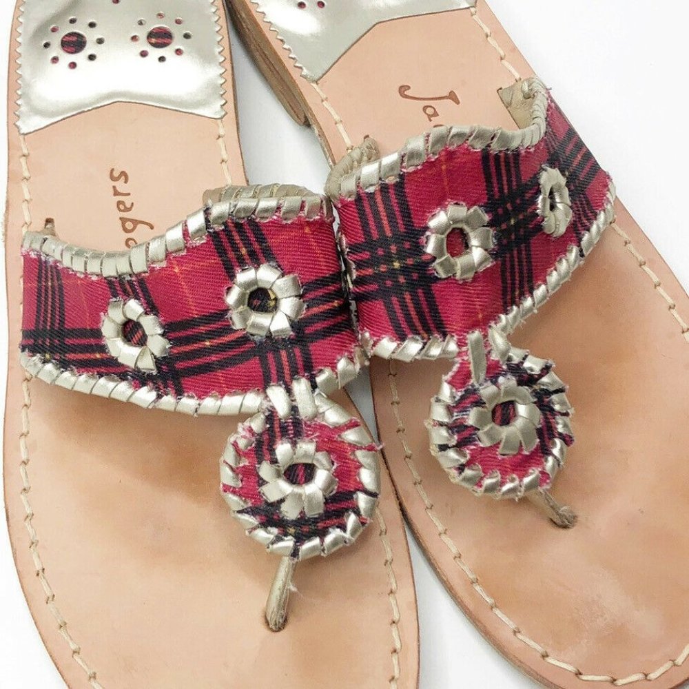 Jack Rogers Jacks Plaid Thong Sandals Red Silver 9 - Picture 2 of 7